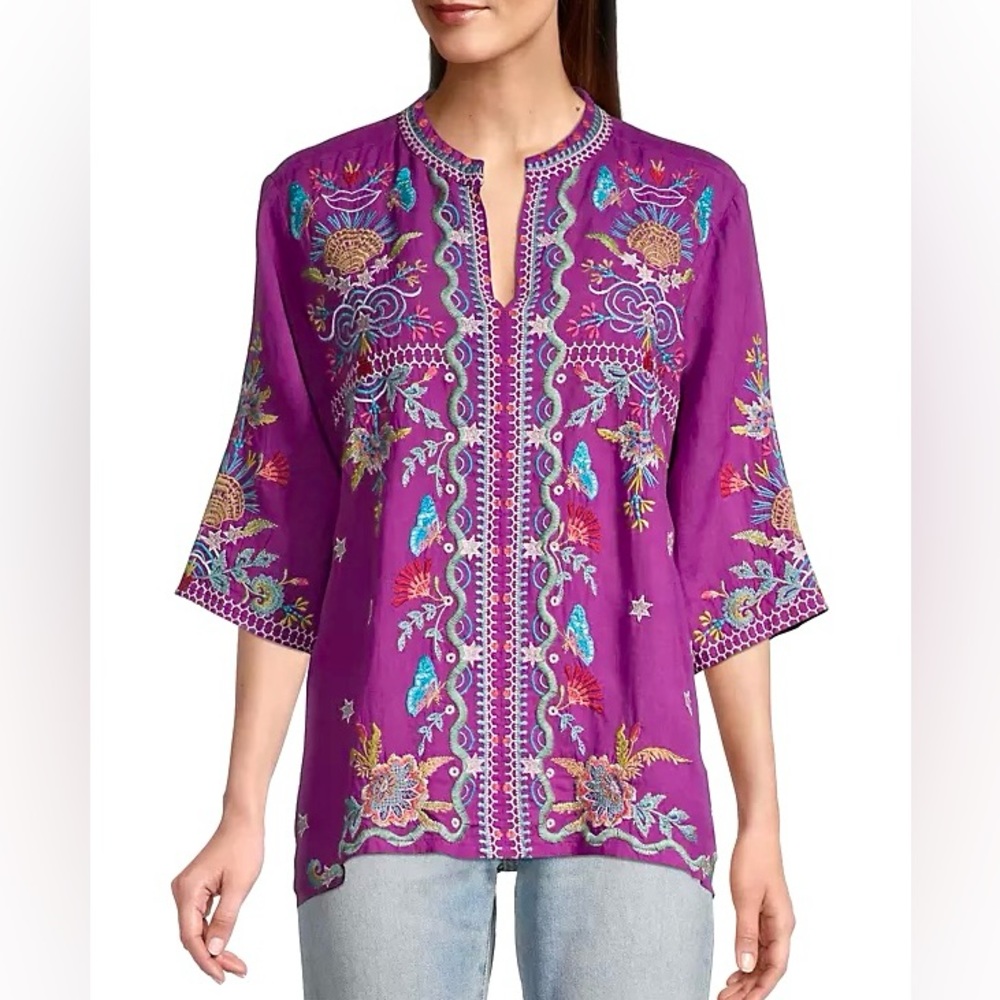 NWT Johnny Was Arzella Blouse Purple Magenta Embroidered Pullover Top Size Large - Picture 12 of 13